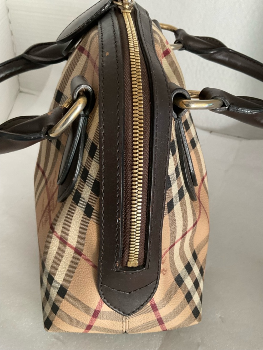 Burberry Beige Plaid Shoulder Bag with Dark Brown Leather Trim - Picture 6 of 16